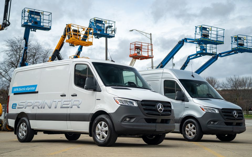 Mercedes-Benz eSprinter vans with upfit equipment at a work truck show